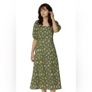 Princess Highway Floral Green Linen Blend Puff Sleeve Midi Dress Size 12